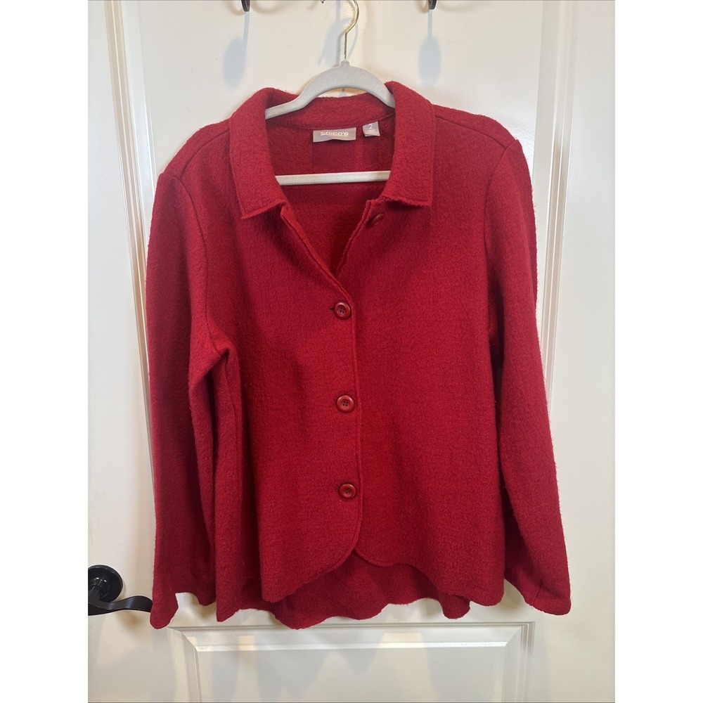 Chico's 100% Wool Button Jacket Size 2 Large Red Preppy Classic Old Money